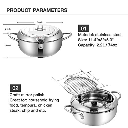 EAMATE Tempura Fry Pot, Stainless Steel Tempura Deep Fryer with Thermometer, 8 Inches, Mini Size Perfect for 2-3 People