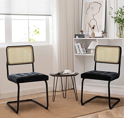 COLAMY Mid Century Modern Dining Chairs Set of 2, Velvet Rattan Dining Room Kitchen Side Chairs with Metal Chrome Legs and Upholstered Seat for Home, Living Room, Bedroom - Black