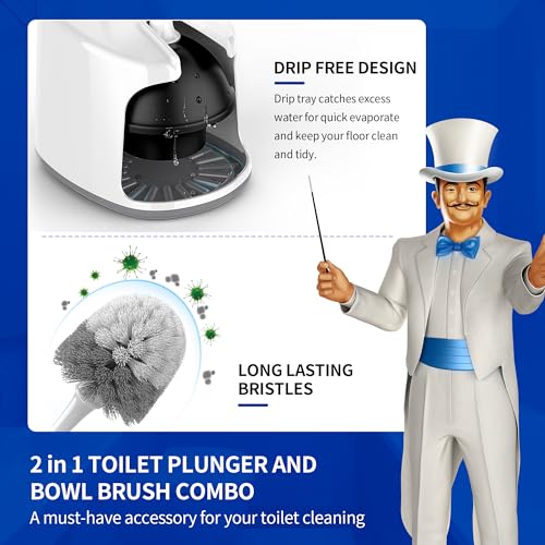 MR.SIGA Toilet Plunger and Bowl Brush with Holder, Heavy Duty Toilet Brush and Plunger Set for Bathroom Cleaning, White, 1 Set