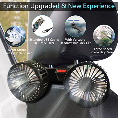 Fan For Car Backseat, USB Car Fan With Dual Heads, 3 Speed Strong Wind Car Cooling Fan Rear Seat Air Circulation Fan with 360 Degree Adjustable Clip for All Vehicles(Compatible With 12V/24 Cars)