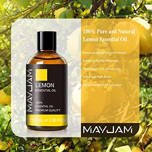 MAYJAM Lemon Essential Oil, 100ML/3.38FL.OZ Premium Quality Lemon Oil for Diffuser Massage, Pure Aromatherapy Essential Oils with Glass Dropper