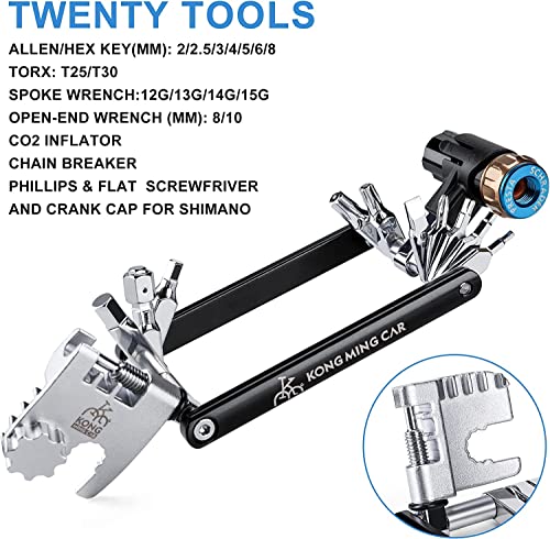 Kadacha 20-in-1 Bicycle Multifunction Tool with CO2 Inflator - Compact and Lightweight Multitool Kit for Road and Mountain Bikes - Includes Hex, Torx, Screwdriver and Chain Tool.