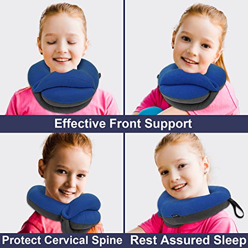 BUYUE Kids Travel Pillows for Airplane, 360° Head Support Sleeping Essentials for Boys Long Flight, Skin-Friendly Soft Neck Pillow for Traveling in Car Seat, Small, Blue Grey