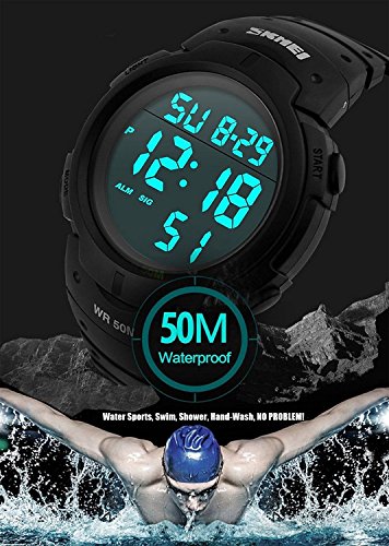 Cemavin Mens Digital Sports Watch, Waterproof LED Screen Large Face Military Watches and Heavy Duty Electronic Simple Army Watch with Alarm, Stopwatch, Luminous Night Light - Black