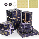 Bigqin 6PCS Navy Blue Gift Wrapping Paper Set Recycled 70 * 50cm Gift Decoration Paper for Kids Women Men Christmas Birthday Holiday Valentine's Day Mother's Day Present Box, with Rope and Tape