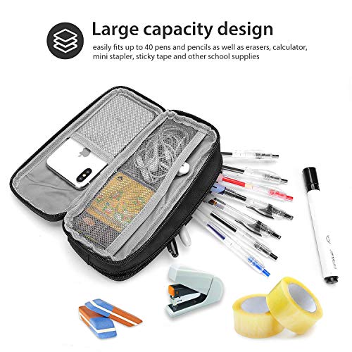 ProCase Big Capacity Pencil Case, Portable Pencil Pouch Stationery Holder Storage Organizer with Double Zipper for School Students and Office Clerks –Black