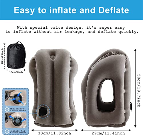 Inflatable Travel Pillow for Airplanes, Inflatable Neck Air Pillow for Sleeping to Avoid Neck and Shoulder Pain, Support Head, Neck and Lumbar, Used for Airplane, Car, Bus and Office (Grey)