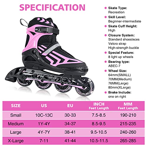 ITurnGlow Kids and Adults Adjustable Inline Skates with Full Light Up Wheels, Safe and Smooth Beginner Rollerblades for Girls and Boys, Men and Women