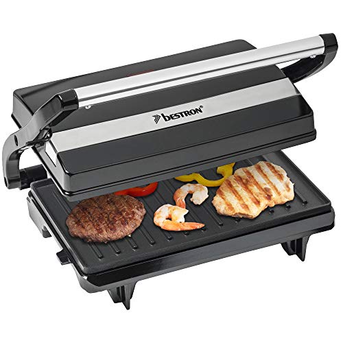 Bestron Electric contact grill with drip tray, sandwich maker with cool touch handle, panini maker with non-stick coating, 700 Watt, APM123Z, colour: black, 22.5 x 14 cm