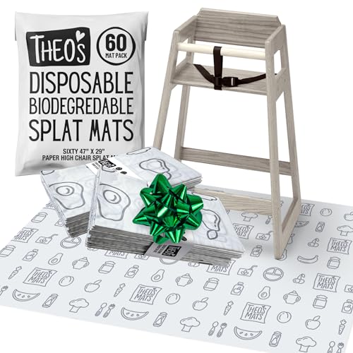 THEO'S MATS 60 Count Disposable Mats for Under High Chair - 100% Biodegradable & Compostable 47" x 29" Splat Mat Floor Covering | Baby Led Weaning Supplies for Home or Restaurants