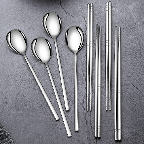 AOOSY 4 Set Chopsticks Spoons,Non-Slip Reusable Stainless Steel Chopsticks Korean Soup Spoon Set Healthy Silverware Tableware,Dishwasher Safe