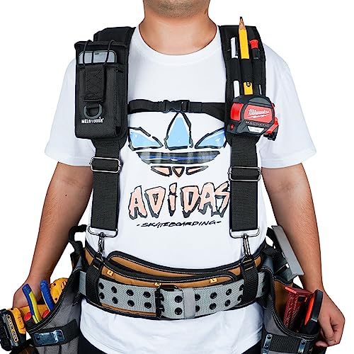 MELOTOUGH Tool Belt Braces Construction Bag Suspenders Padded Work belt Suspenders for Carpenter/Electrician/Roofing/Farmer work Suspension Rig(H Back, Black, Full Size