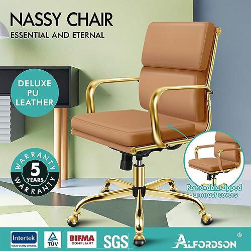 ALFORDSON Office Chair with Height Adjustable SGS Listed Gas Lift, PU Leather Home Ergonomic Desk Chair with Removable Armrest Cover, Padded Computer Chair for Gaming, Max 150kg(Mid Back Gold Brown)