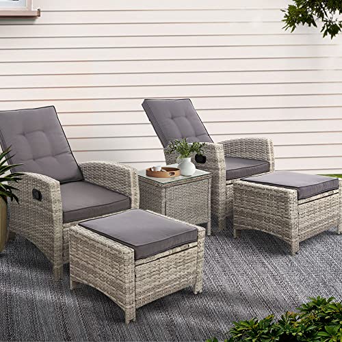 Gardeon Recliner Chairs 5 Piece Wicker Sun Lounger Reclining, Outdoor Lounge Setting Patio Furniture Bistro Set Garden, with Coffee Table Cushions Ottoman Adjustable Backrest Glass Tabletop Grey