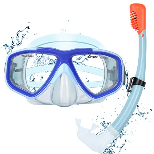 KUYOU Snorkel Kids Snorkel Set Anti-Fog Full Dry Top Child Snorkeling Package, Diving Mask and Snorkel Gear Set for Kids Youth Boys Girls Junior Age 7-16 (Sea Sky Blue)