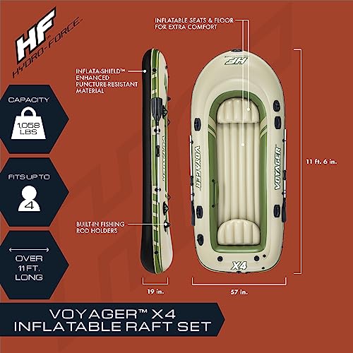 Bestway Hydro-Force Voyager X4 Inflatable 4 Person Water Raft Outdoor Floating Boat Set | Includes Inflatable Boat, Aluminum Oars, Hand-Pump and Carry Bag