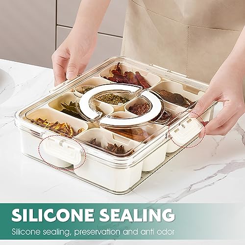 Divided Serving Tray with Lid and Handle Snack Platters Organizer with 8 Compartments Reusable Plastic Appetizer Tray Good Sealing Snack Divided Platter for Nut Candy Snacks