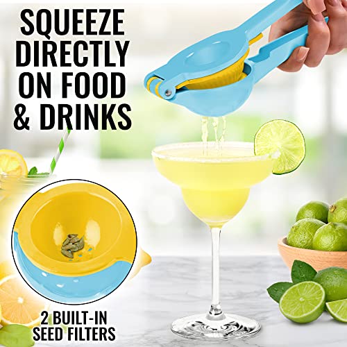 Zulay Metal 2-In-1 Lemon Lime Squeezer - Hand Juicer Lemon Squeezer - Max Extraction Manual Citrus Juicer (Blue Yellow)