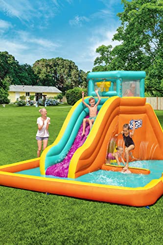 Bestway Inflatable Water Park 5.65x3.73x2.65m Slide World Jumping Castle, Climbing Wall Game, Double Slides Blow Up Playground Bouncer for Outdoor