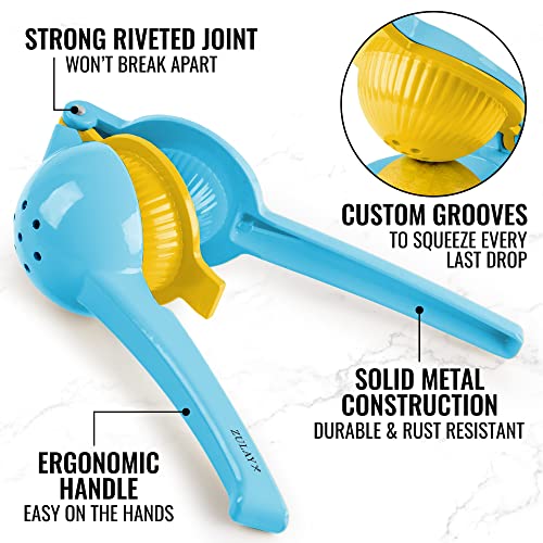 Zulay Metal 2-In-1 Lemon Lime Squeezer - Hand Juicer Lemon Squeezer - Max Extraction Manual Citrus Juicer (Blue Yellow)