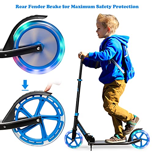 HONEY JOY Folding Kick Scooter for Kids 10 Years and up, with 2 Flashing Wheels, 3-Level Adjustable Handlebar, Rear Foot Brake, Aluminum Deck, Outdoor Sports Scooter for Boys & Girls (Blue)