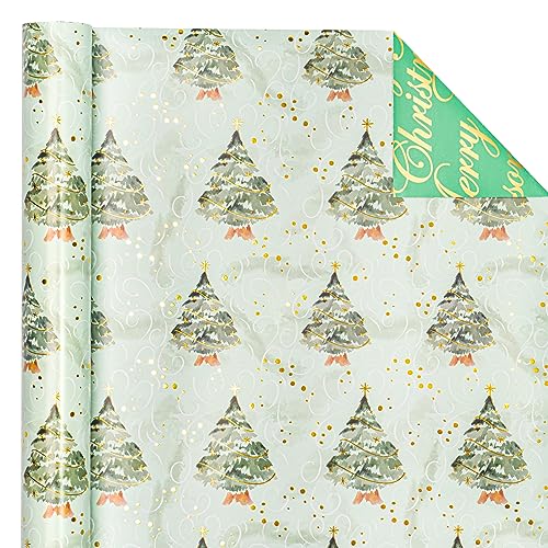 WRAPAHOLIC Reversible Christmas Wrapping Paper - Mini Roll - 17 Inch X 33 Feet - Watercolor Green Christmas Tree and Merry Christmas with Metallic Foil Shine for Holiday, Party, Celebration