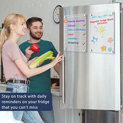 2Pcs Acrylic Magnetic Calendar for Fridge, 13"x8.7" Reusable Clear Dry Erase Whiteboard Calendar with 4 Pens and Eraser, Monthly and Weekly Non-slip Meal Planner Board for Refrigerator (B)