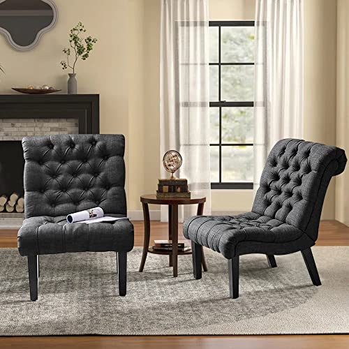 Alunaune Bedroom Chairs Armless Accent Lounge Chair Set of 2 Upholstered Tufted Sofa Backrest Fabric Recliner Living Room Chairs Wood Legs-Grey
