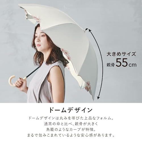 [2023] Wpc. 81-12113-101 Parasol Blackout Dome Rim Flower Navy Long Umbrella 21.7 inches (55 cm) Ladies' Rain or Sun Shade Shade UV Protection 100% Flower Pattern Embroidery Natural Wooden Handle Elegant Adult Cute Domed Work Adult Stylish Cute Female