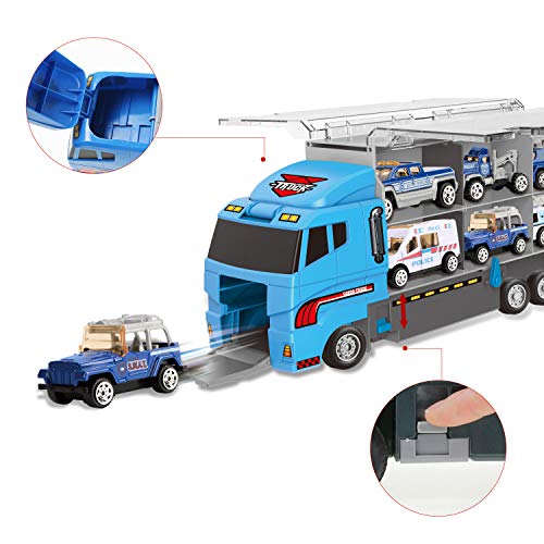 jenilily Police Car Toy Truck Mini Rescue Vehicles Playset in Carrier Truck for Kids 3 4 5 Years Old