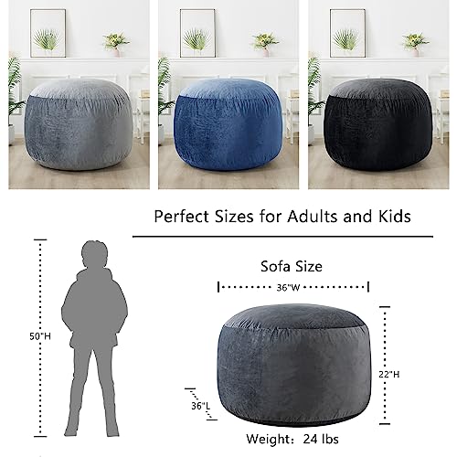 EDUJIN 3 ft Bean Bag Chair: 3' Medium Memory Foam Bean Bag Chairs for Adults/Teens with Filling,Ultra Soft Dutch Velvet Cover, Round Fluffy Lazy Sofa for Living Room - 3 Foot,Dark Gray