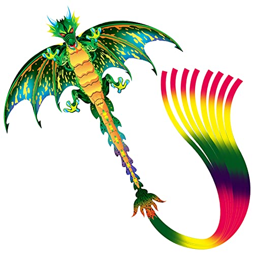 (Blue) - Lamonty Green Dragon Kite - Beautiful and Easy Flyer Kite for Children and Adult with Long Colourful Tail String Line Accessories Easy to Soar High Outdoor Sports Game Activities or Beach Trip