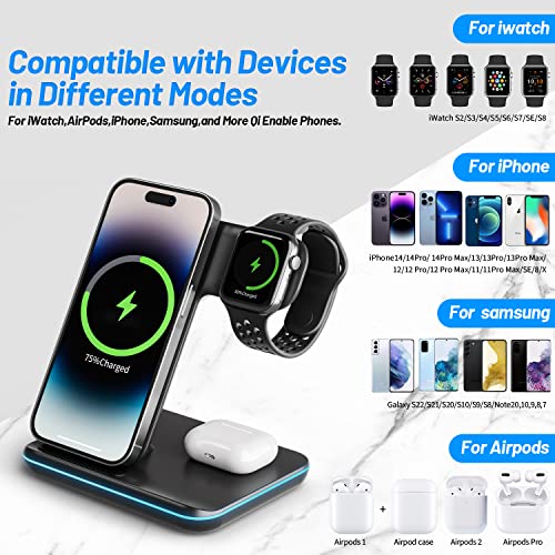 HEYMIX 3 in 1 Wireless Charger, 15W Fast Wireless Charging Station, 3-in-1 Wireless Phone Charging Dock Stand Compatible with AirPods, iWatch, iPhone14/13, Samsung Galaxy S22/S21 (with QC3.0 Adapter)