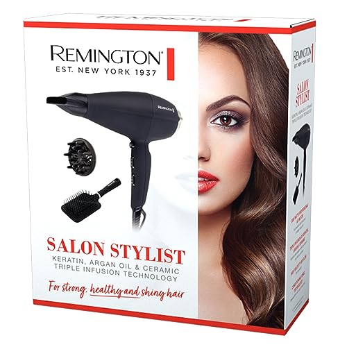 Remington Salon Stylist Hair Dryer, AC4000AU, 2300W Salon Motor (AU Plug), Ceramic Infused with Keratin & Argan, Ionic Technology Prevents Frizz, Includes Diffuser & Brush, Black