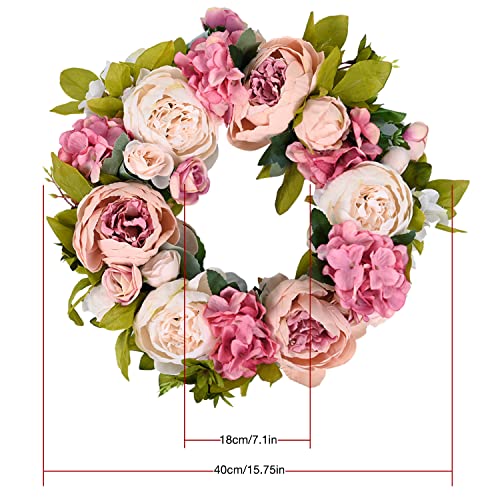 Fake Flowers Door Wreath 15"-16" Floral Artificial Peony Wreath with Green Leaves Handmade for Front Door Farmhouse Welcome Door Wall Home Decor Office Light Pink