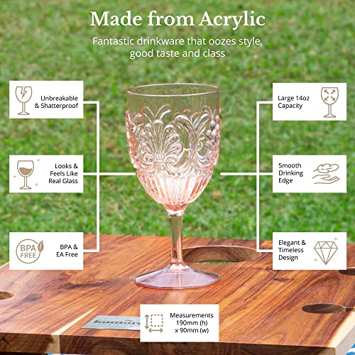 KOMOREBI Shatterproof Acrylic Wine Glasses - Unbreakable Plastic Goblets, BPA-Free & Drop-Proof Glassware - Elegant Drinkware for Indoor & Outdoor Use - 14oz, Set of 4 (Pale Pink)