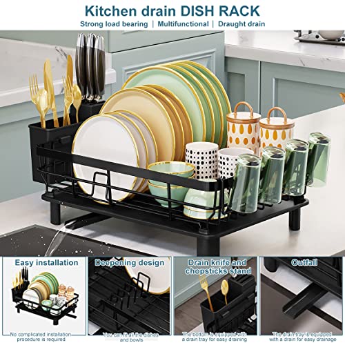 Dynus Dish Drainer,Dish Drying Rack with Anti-Rust Frame and Removable Utensil Holder and Drainboard,Include Cutlery Holder & Cup Holder,Plate Rack Drainer for Kitchen Black