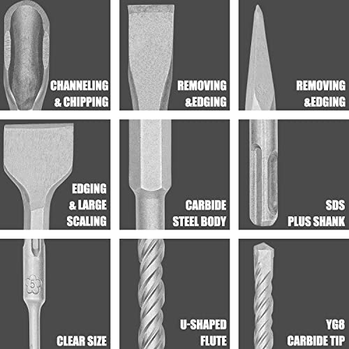 TOPEX 17 Piece SDS Plus Rotary Hammer Drill Bits Set & Chisel Bits Hole Tool Set Drilling Bricks, Concrete, Wall,Stone