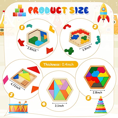 5 Pack Wooden Hexagon Puzzle for Kid Shape Pattern Block Brain Teaser Puzzles Wood Block Puzzle Geometric Tangram Puzzle Hexagon Wooden Puzzle for Jigsaw 3D Logic IQ Game Gift (Geometry)