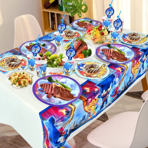 Pusuanzi Sonic Birthday Party Set, 95-Piece Sonic 2 Paper Plates Children's Birthday Party Tableware - Banners, Balloons, Tablecloth, Paper Plates, Napkins, Paper Cups, Straws, Invitation Card