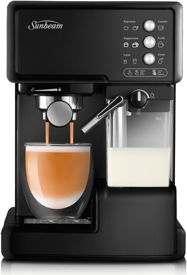 Sunbeam EM5000K Café Barista Coffee Machine | One-Touch Espresso, Latte & Cappuccino Coffee Maker | 2L Water Tank | Automatic Milk Frother & Removable Milk Reservoir | 15 Bar Pump | Black