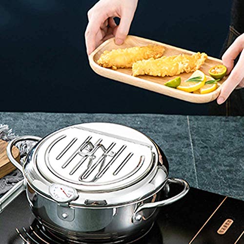 Deep Frying Pan,Temperature Control Fryer,Tempura Fryer Pot,Japanese Style Tempura deep Fryer with Thermometer,Lid and Oil Drip Rack,Nonstick Fryer Pot for Kitchen Cooking 20cm/304