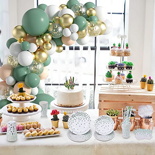 Sage Green Party Paper Plates Cups and Napkins Set, 24 Guest Green Party Supplies, Party Tableware with Balloon Arch,Tablecloth for Birthday, Baby Shower, Wedding, Jungle Safari Party Decoration