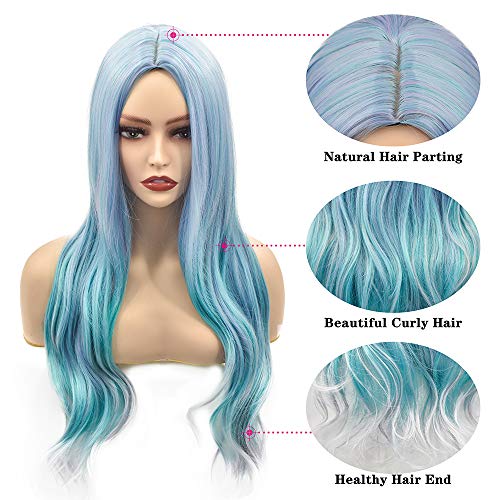 Long Wavy Hair Mixed Violet Blue Green Light Gray Heat Resistant Synthetic Wigs For Women Middle Part Halloween Party Wigs