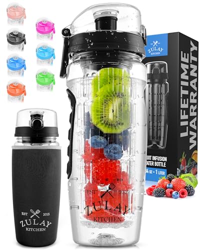 Zulay (34oz Capacity) Fruit Infuser Water Bottle With Sleeve - Anti-Slip Grip & Flip Top Lid Infused Water Bottles for Women & Men - Water Infusion Bottle - Onyx Black