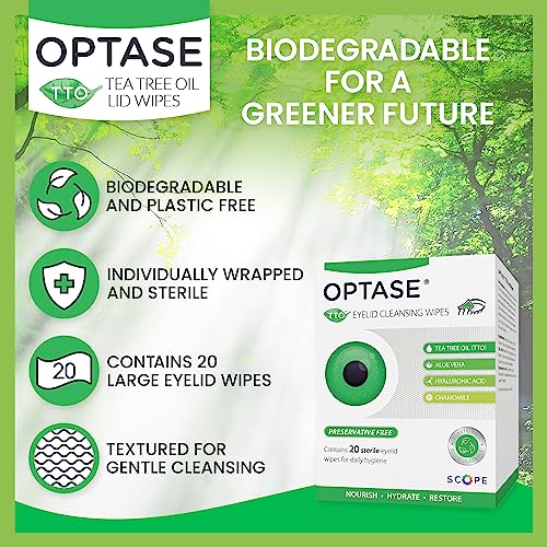 Optase Tea Tree Oil Eyelid Cleansing Wipes - for Daily Eyelid Hygiene & Relief for Blepharitis, Tired and Dry Eyes - 20 Wipes