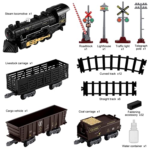 TOYANDONA Electric Train Set for Kids, Battery-Powered Train Toy Set with Smokes, Lights & Sound Include 4 Cars and 18 Tracks, Classic Toy Train Set Gifts for 3 4 5 6 Years Old Boys Girls