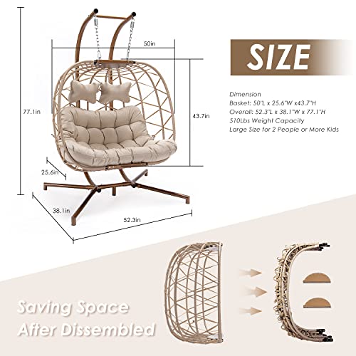 NICESOUL 2 Person Double Egg Chair Outdoor Patio Wicker Loveseat Hanging Chair Swing Egg Chairs with Cushions Double Seats Egg Chair 510 lbs Capaticy for Patio Backyard Balcony Bedroom Gift Cream