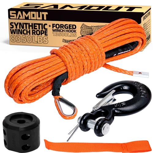 SAMOUT Synthetic Winch Rope 3/16" x 50' Winch Line 8350 LBS Winch Cable with Protective Sleeve + Forged Winch Hook + Safety Pull Strap for Jeep SUV Truck 4WD Off-Road Vehicle