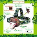 CANOPY KIDS DINOSAUR LED HEADLAMP, Rechargeable T-Rex Toy Animal Headlamp, Light-up Eyes, Adjustable Head Strap, One-size Fits All, Boys And Girls Over 3 Years, Perfect For Camping, Hiking, Reading and Parties